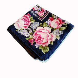 Yves Saint Laurent Navy Floral Silk Scarf with Pink Peonies